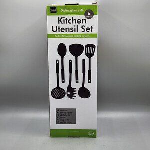 New 6 Piece Kitchen Utensil Set Plastic Nylon Non Scratch Cooking Black